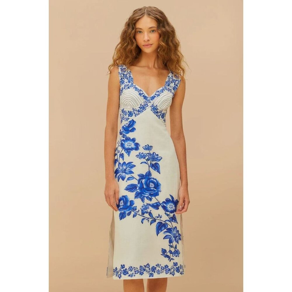 FARM Rio Cream Midi Dress with Bold Blue Floral Print